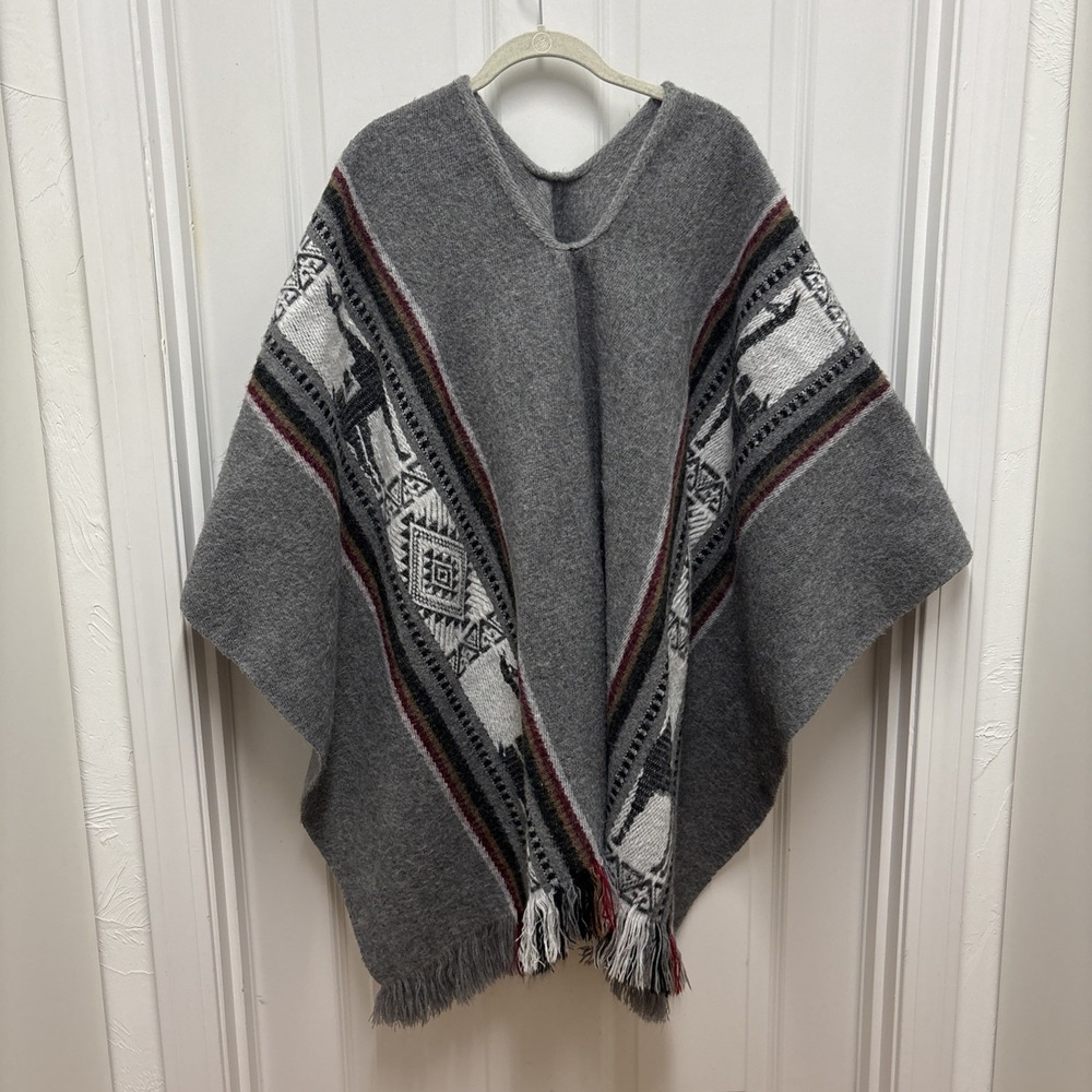Vintage Indian Arts Poncho Wool Gray Green Red Yellow Stripe Black Ecuador